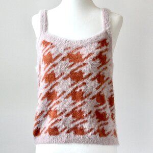 Blu Pepper Pink and Orange Houndstooth Sleeveless Fuzzy Cropped Sweater Large